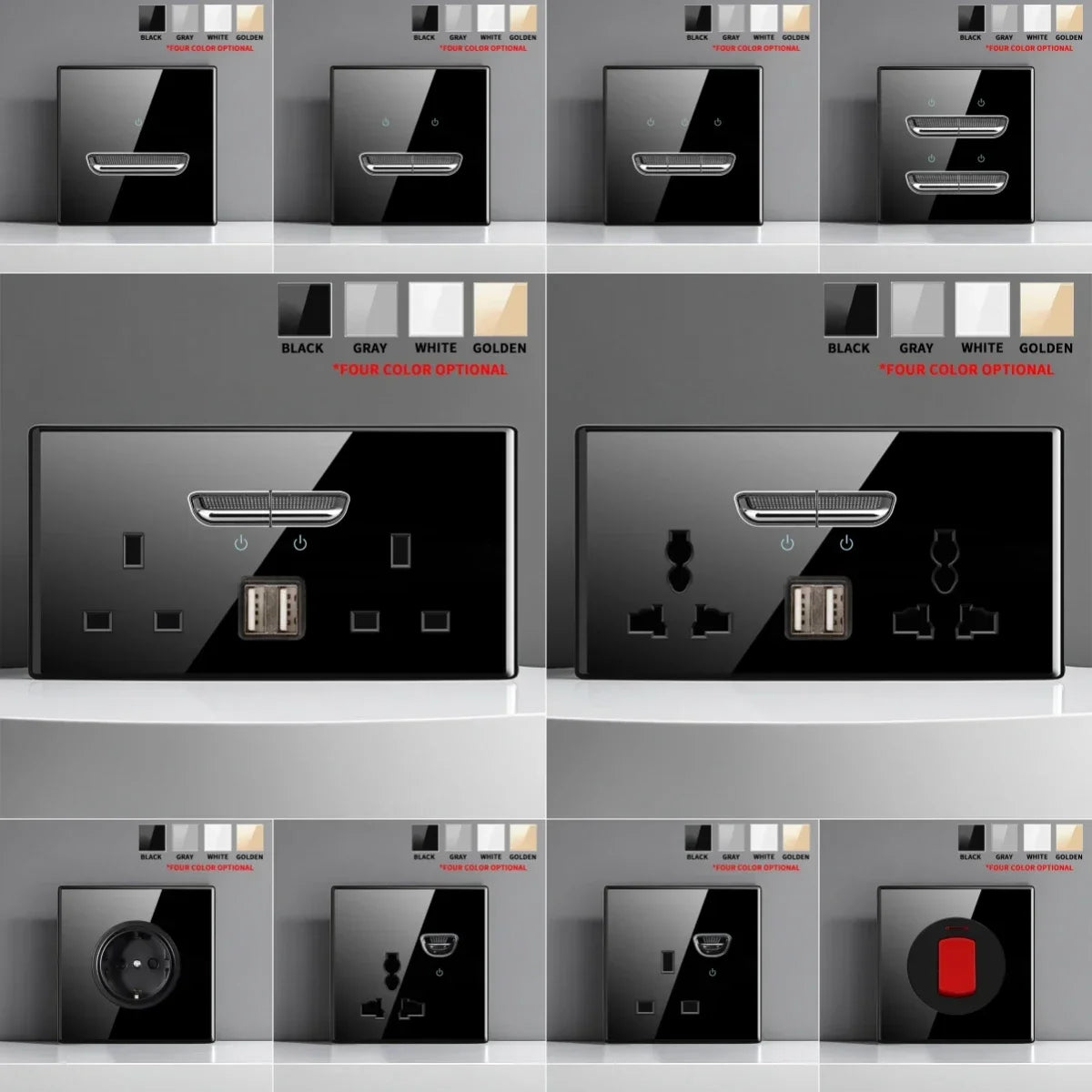European British French Standard Tempered Glass Switch Socket with Indicator Light , Self-Reset 1 2 3 4 Gang Wall Panel Outlets