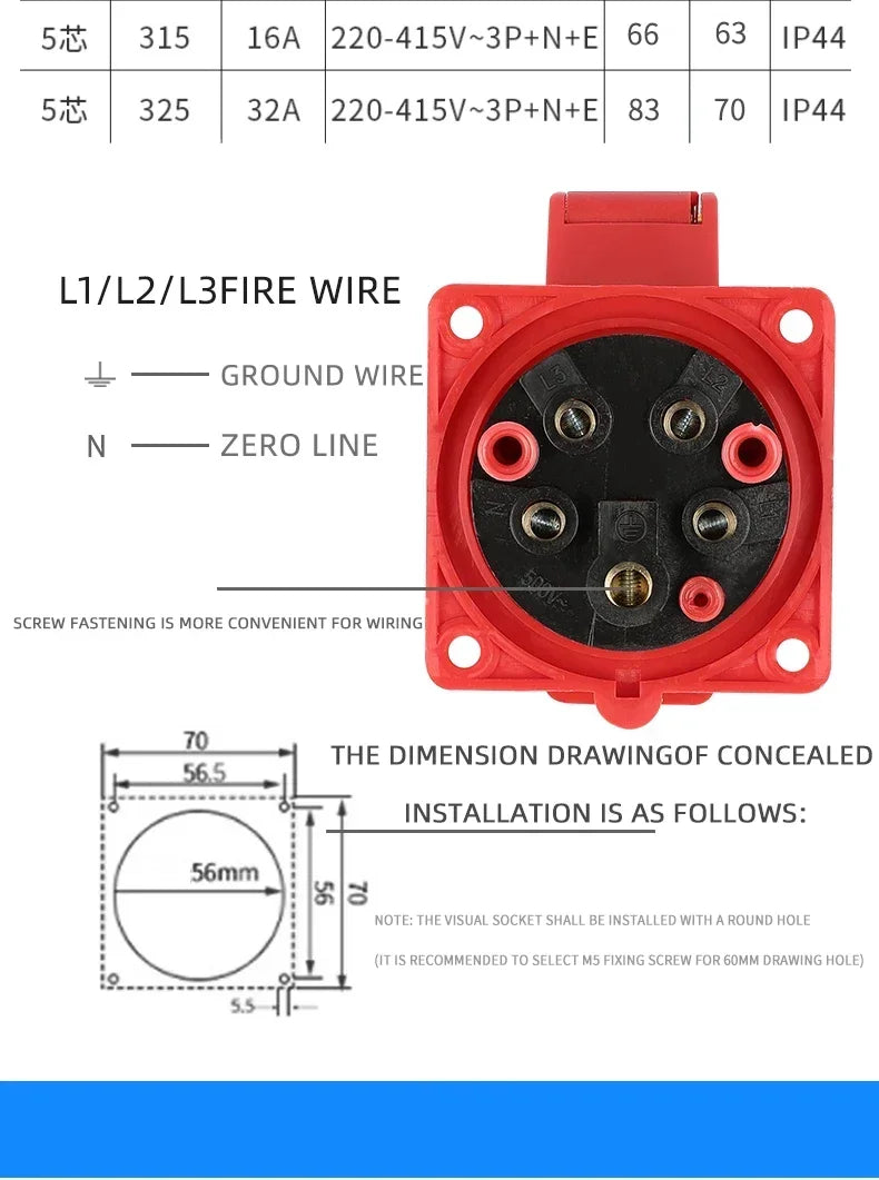 5Pcs Industrial Plug and Socket Waterproof Connector 3PIN 4PIN 5PIN 16A/32A  Waterproof Electrical Connection Wall Mount Socket
