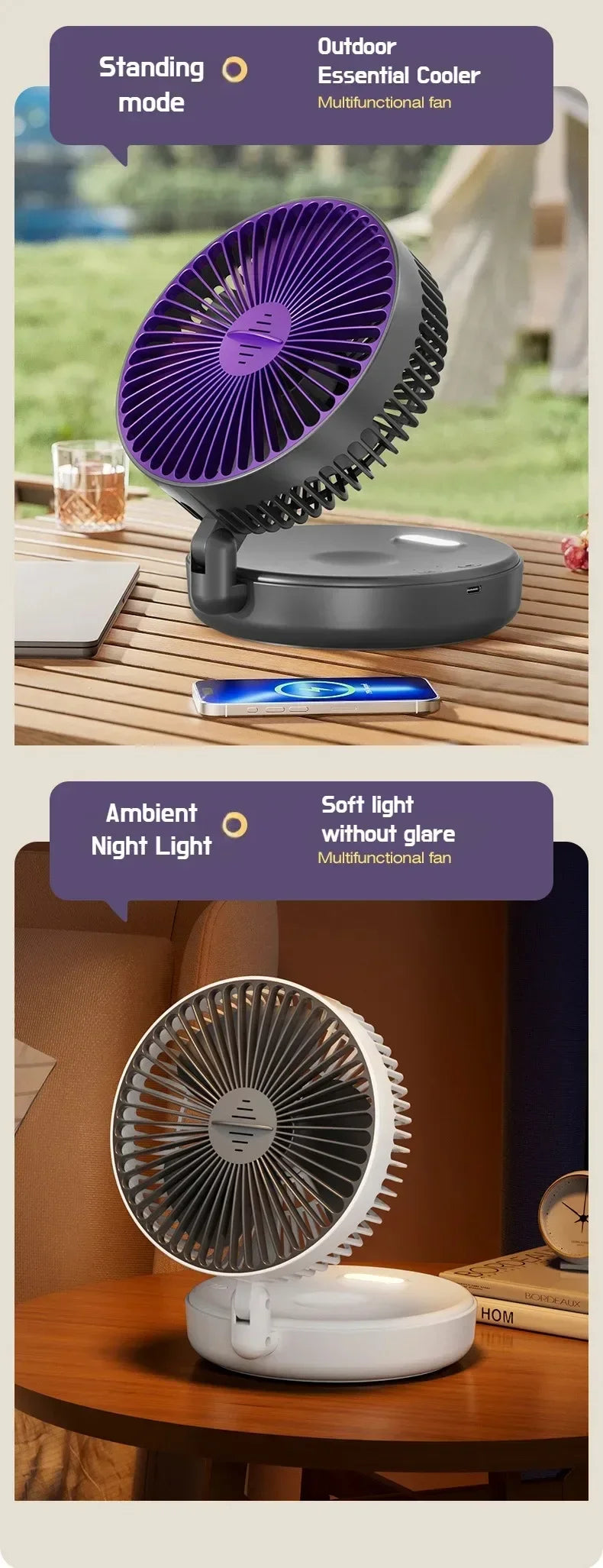 Foldable Desktop Fan Mini Wall-Mounted Car With Warm Night Light Rechargeable 4 Gears Adjustable Portable Air Circulation Amagi