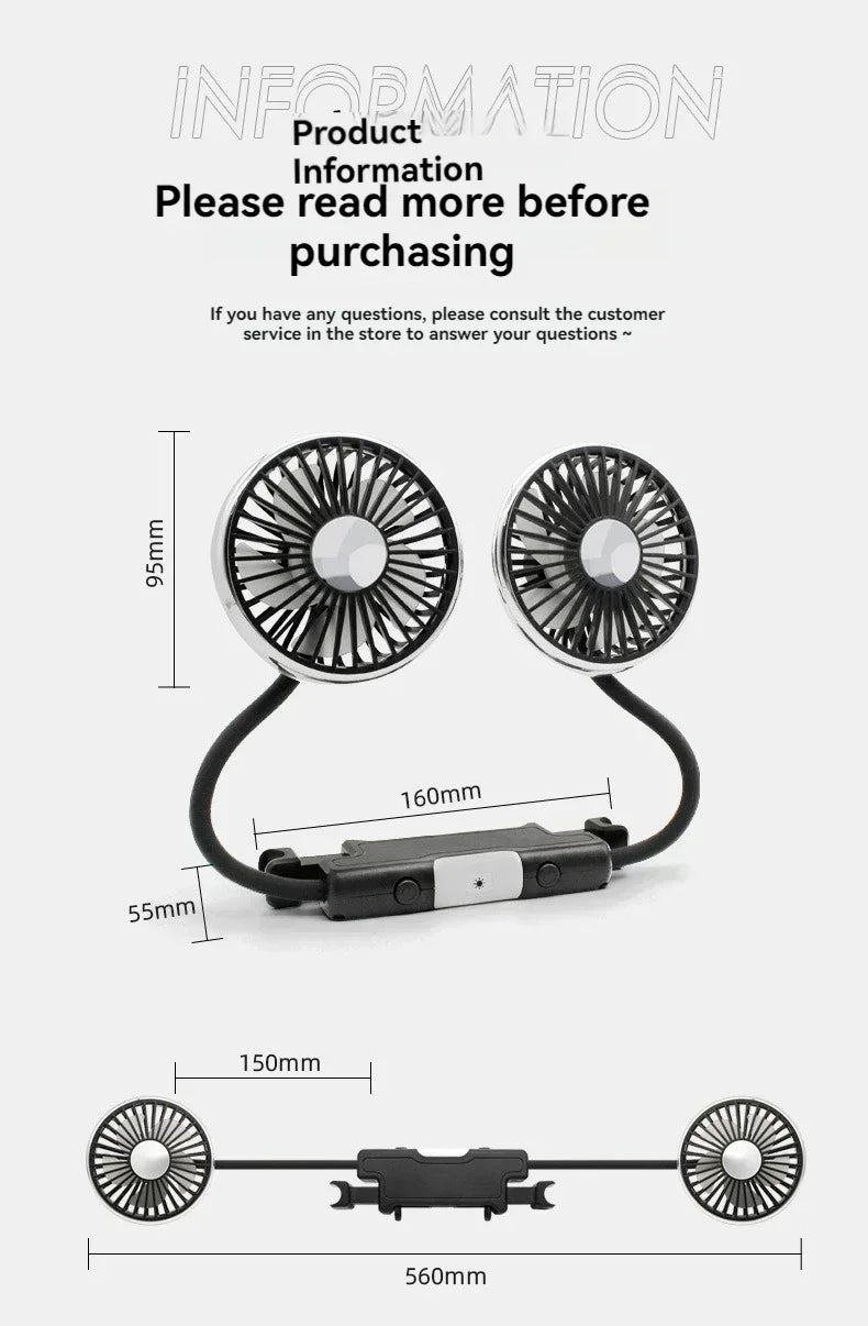 Car USB Fan Dual Head Cooling Air Hose Fan for Backseat 360°Rotation 3-Speed Auto Headrest Fan For Rear Seat Amagi