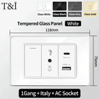 118x75mm Type-C Fast Charging Wall Socket Italy & Chile Schuko Outlet - Tempered Glass Panel Modern Design -Type Switch