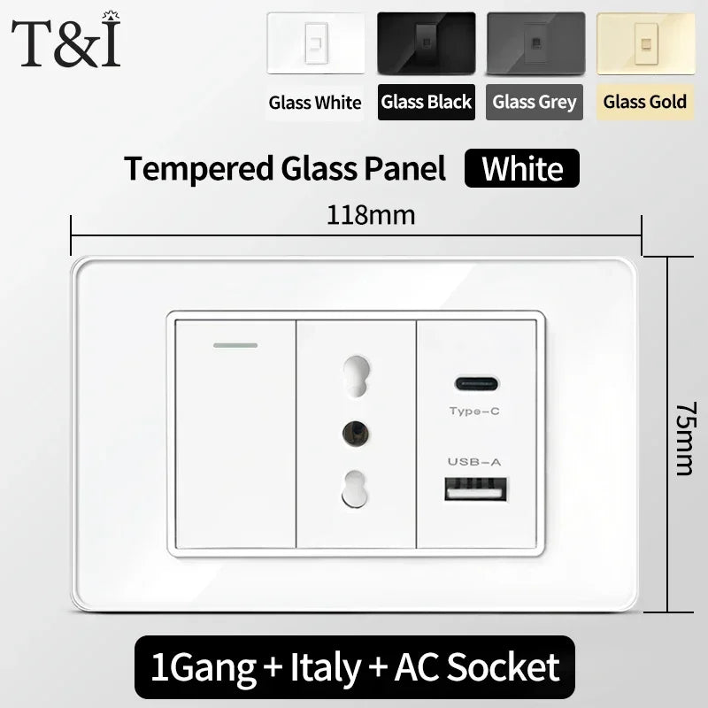 118x75mm Type-C Fast Charging Wall Socket Italy & Chile Schuko Outlet - Tempered Glass Panel Modern Design -Type Switch