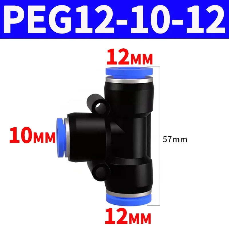 Pneumatic Push-In Quick Connector PE/PEG Plastic Tee Fittings (PE4 PEG6-4/8-4/8-6/10-6/8) for Air Compressor Fluid Systems Hose