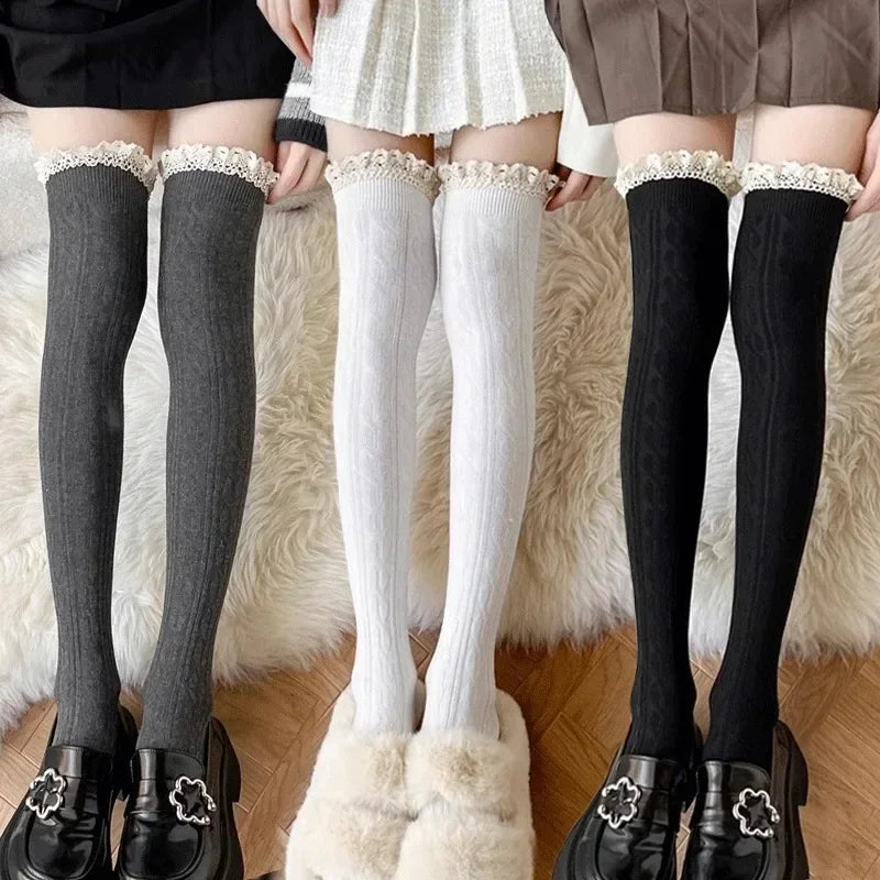 Sweet Lace Thigh High Socks Japanese Style Knitted Long Socks JK Lolita Black White Stockings Women Girls Amagi