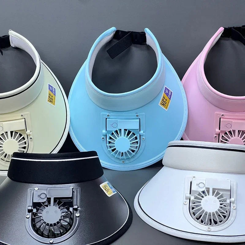 Summer Large Brim Empty Top Sunscreen Cap USB Fan Hat for WOMEN'S Leisure Outdoor Sports Travel Cycling Sun Hat Beach Fan Amagi