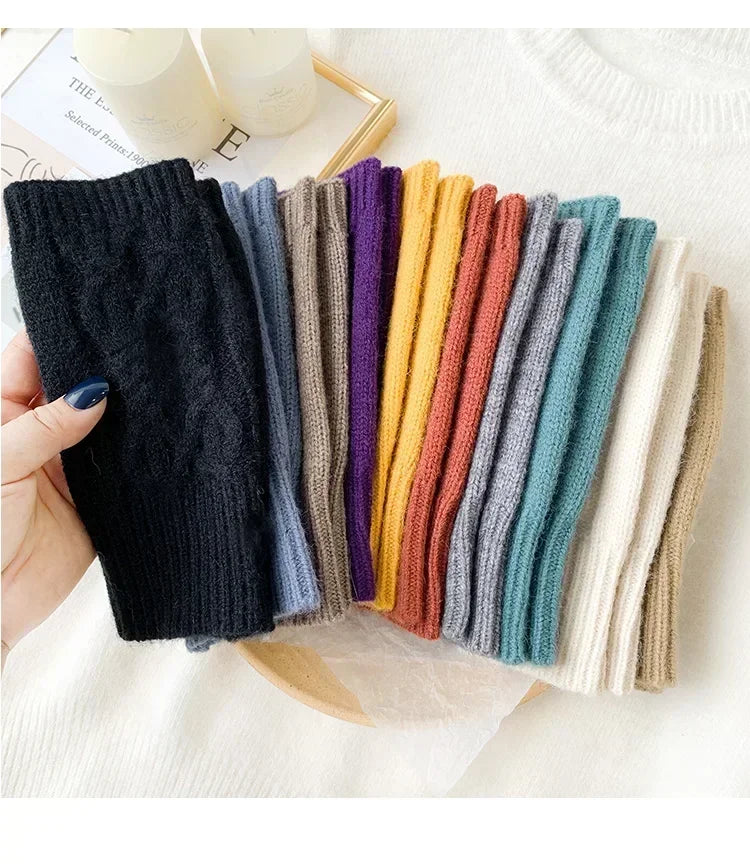 Men Women Stretch Acrylic Knit Stripe Fingerless Mitten Student Couple Winter Warm Twist Flower Half Finger Solid Glove Amagi
