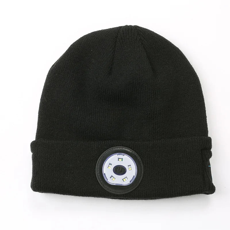 Winter Men Beanie Hat with LED Light Rechargeable Knitted Hat for Woman Cap Night Running Fishing Riding Sports Teenager Beanies