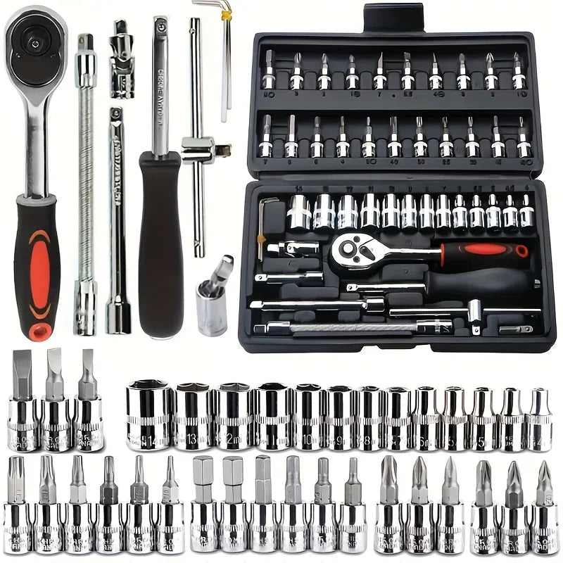 Socket Ratchet Wrench Set with Bit, Metric and Extension Bar for Auto Repairing, 46 PCs, 1/4 in Amagi