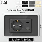 T&I Wall Switch Sockets with USB-C Fast Charging - Italy Socket, Chile Schuko Outlet & Tempered Glass Panel for Home Use
