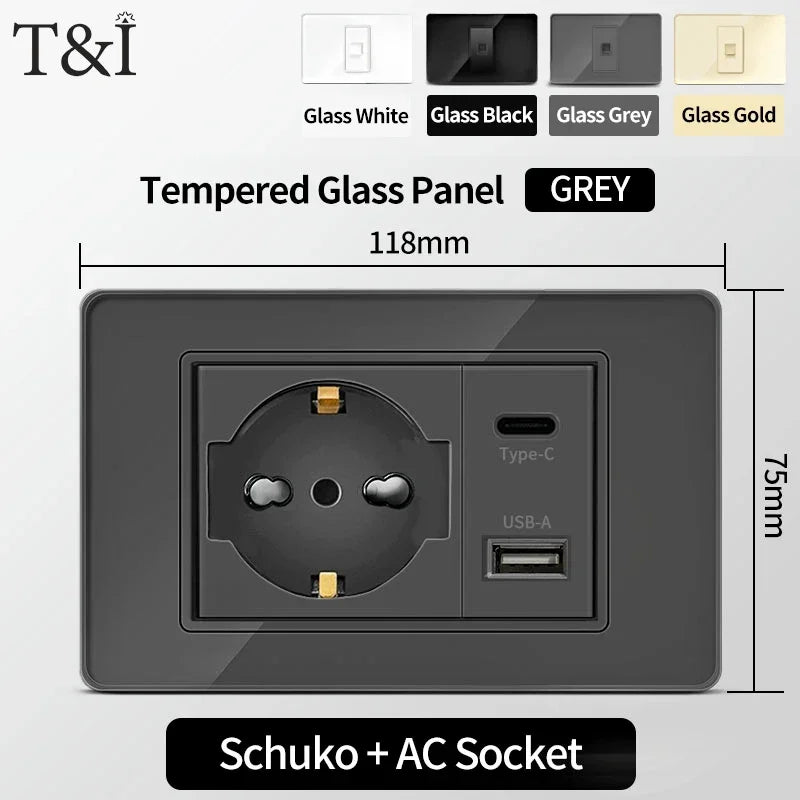 T&I Wall Switch Sockets with USB-C Fast Charging - Italy Socket, Chile Schuko Outlet & Tempered Glass Panel for Home Use