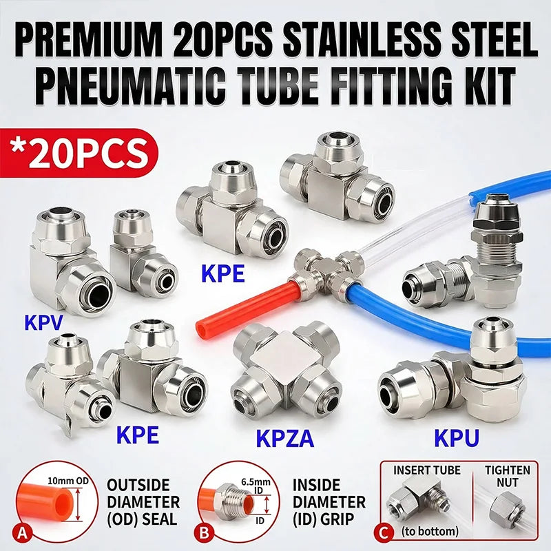 Pneumatic Push-In Fitting Set, Copper Nickel Plated Air Hose Connectors for 4mm–16mm Tube (KPU KPV KPE KPZA KPM)