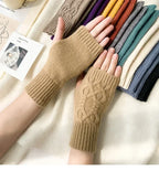 Men Women Stretch Acrylic Knit Stripe Fingerless Mitten Student Couple Winter Warm Twist Flower Half Finger Solid Glove Amagi