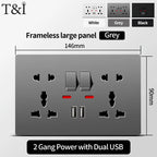 Universal Wall Socket with USB-C and USB Charger, 2 Gang Power Outlet with Switches, Flush Mount AC 110–250V for Home Office Use