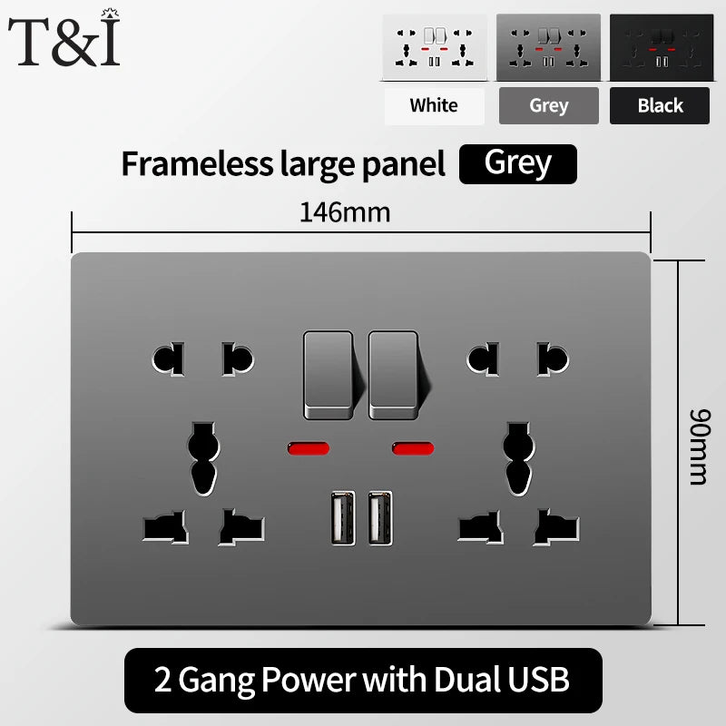 Universal Wall Socket with USB-C and USB Charger, 2 Gang Power Outlet with Switches, Flush Mount AC 110–250V for Home Office Use