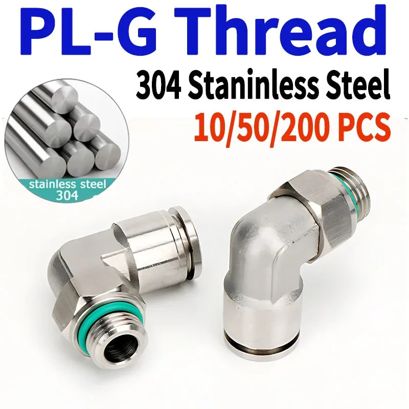 10/50/200PCS PL-G 304 Stainless Steel Trachea Quick Coupling Joint 1/8" 1/4" 3/8" 1/2" External G Thread Elbow Pneumatic Fitting