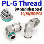 10/50/200PCS PL-G 304 Stainless Steel Trachea Quick Coupling Joint 1/8" 1/4" 3/8" 1/2" External G Thread Elbow Pneumatic Fitting