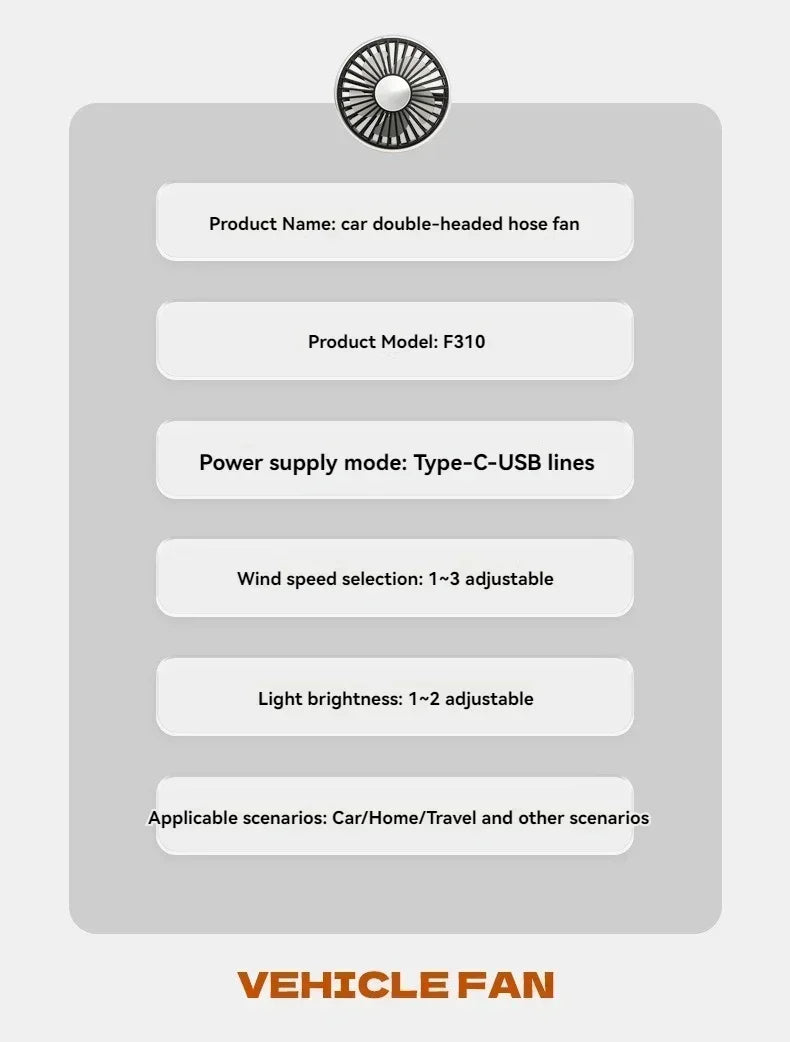 Car Fan Cooling Dual Head Type-c Usb Car Fan 3 Speeds Adjustable Auto Cooler Air Fan With LED Lights Car Accessories Amagi