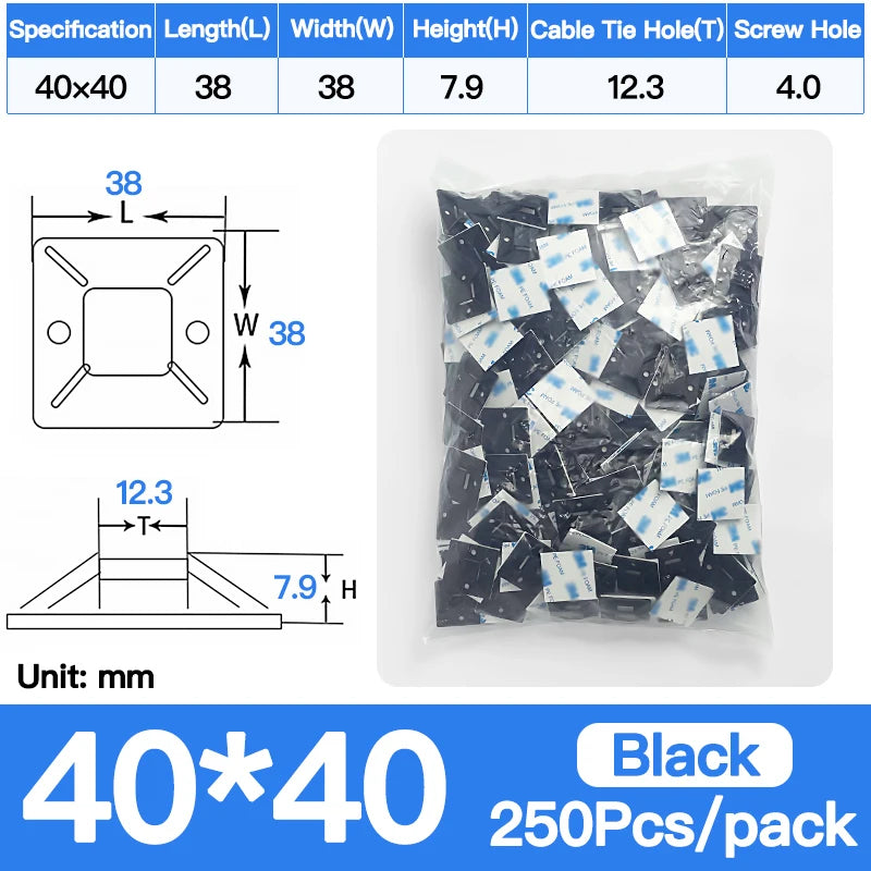 250/500/1000PCS Self-Adhesive Cable Tie Mounts, Strong Sticky Base Wire Holder Clips for Wall Fixing, Cable Routing Management