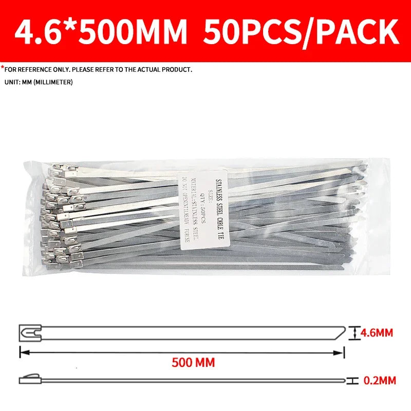 50PCS 304 Stainless Steel Zip Ties, Heavy-Duty Self-Locking Metal Cable Ties 4.6mm,Anti-Rust & Heat Resistant for Marine,Outdoor