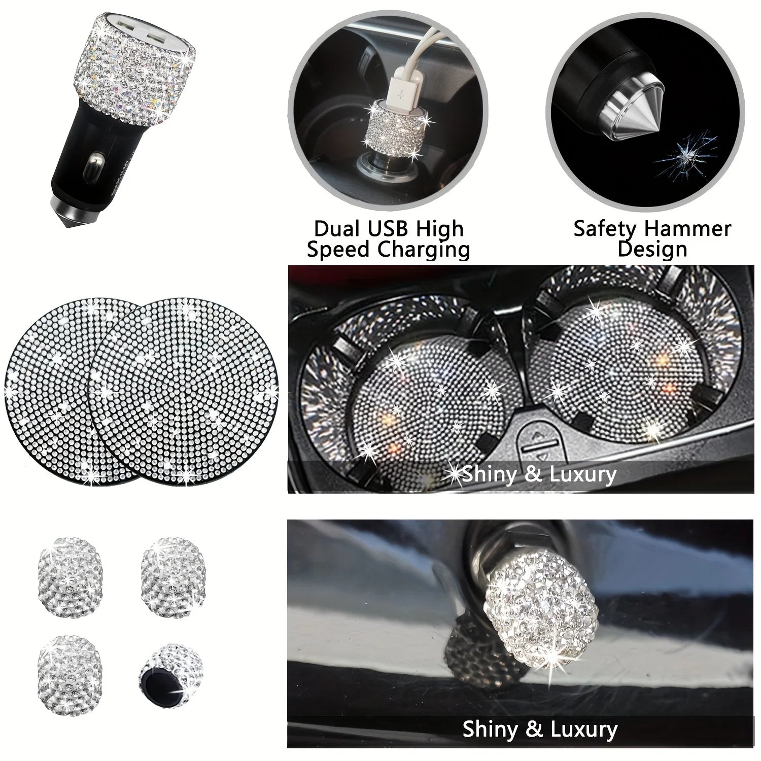 Car Accessories Set 27/4Piece Women Bling Universal Fit Polyester Steering Cover Shiny License Frame Phone Holder Coasters Tools