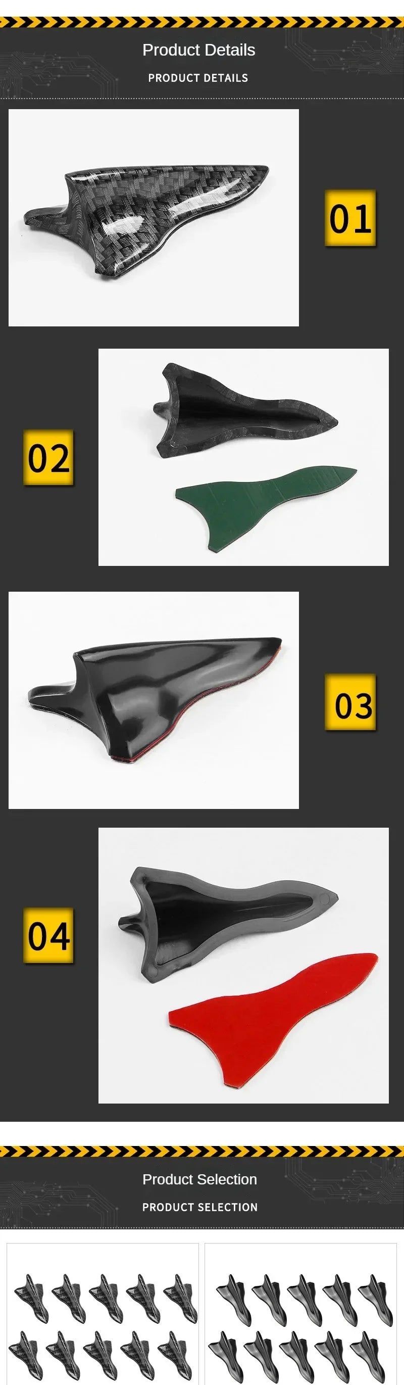 10pcs Car Exterior Trim Items Roof Tail Black Shark Fin General Purpose Pointed Carbon Fiber Bumper Modification Kit Wind Knife