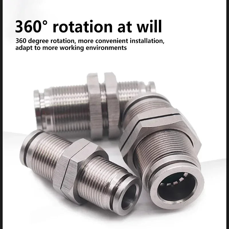 PM Type 304 Stainless Steel Bulkhead Pneumatic Connector, Push-In Hose Fitting 4mm–16mm for Air, Gas and Fluid Pipe Connection