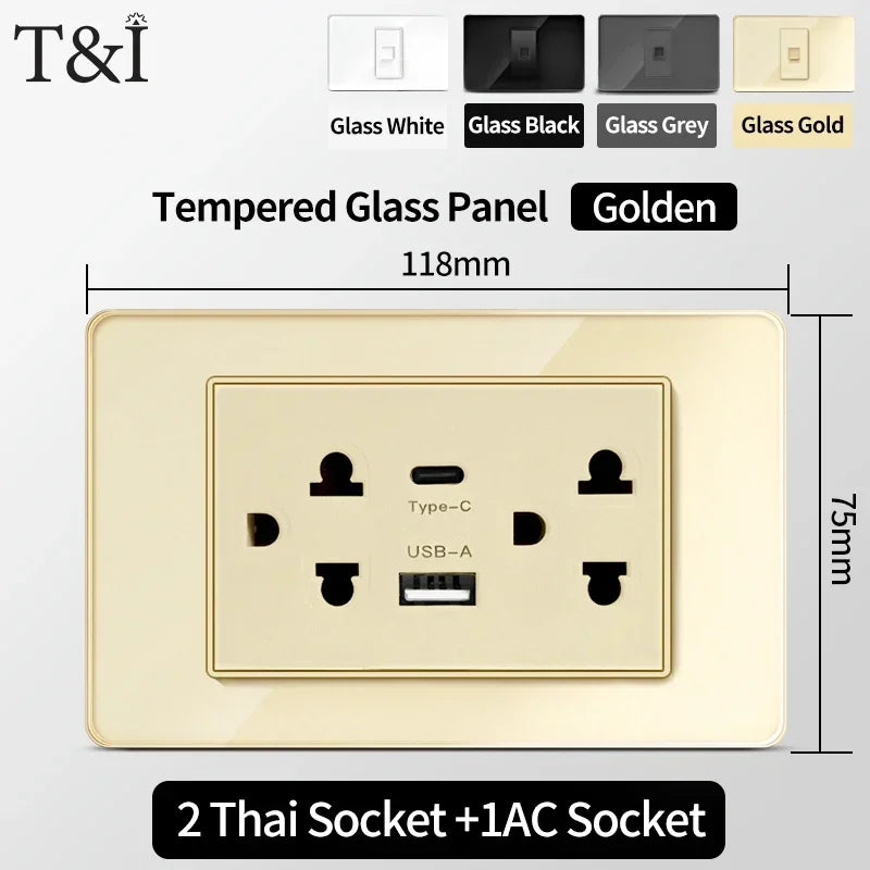 118 Series Glass Panel Wall Switch Socket, US Mexico Standard, USB and Type-C Charging Ports, 1/2/3/4 Gang Options