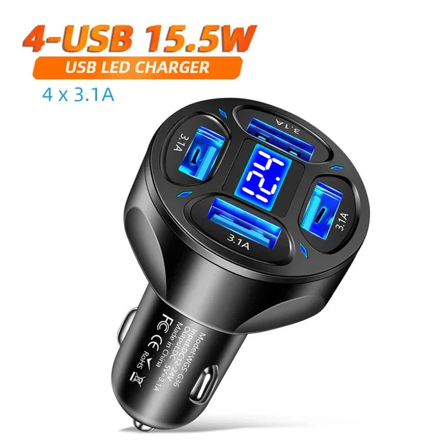 66W USB Type C Fast Charger For Car PD 4 USB Car Quick Charge QC3.0 12/24 V Cigarette Lighter Charger Adapter For iPhone Xiaomi