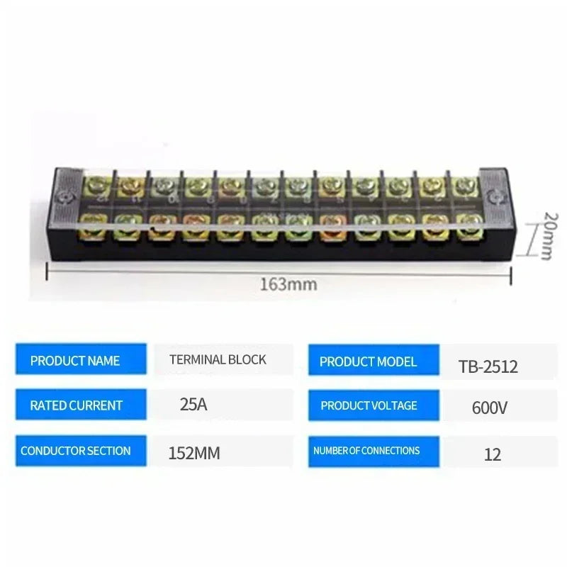 15A/25A/45A 600V Dual Row Barrier Terminal Block TB Series (3-12 Positions) Screw Connector for Electrical Panels TB1503 TB2512
