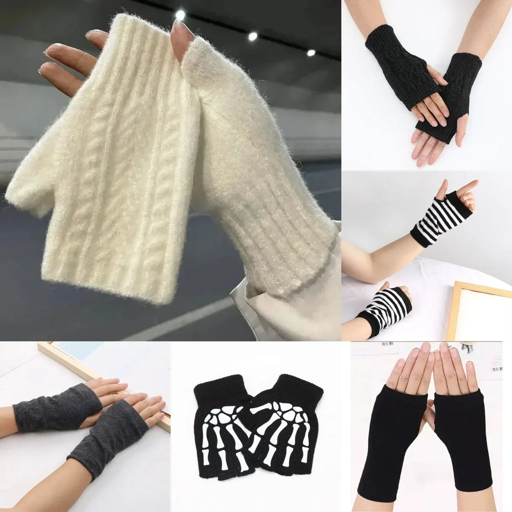 Men Women Stretch Acrylic Knit Stripe Fingerless Mitten Student Couple Winter Warm Twist Flower Half Finger Solid Glove Amagi