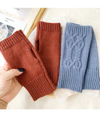 Men Women Stretch Acrylic Knit Stripe Fingerless Mitten Student Couple Winter Warm Twist Flower Half Finger Solid Glove Amagi