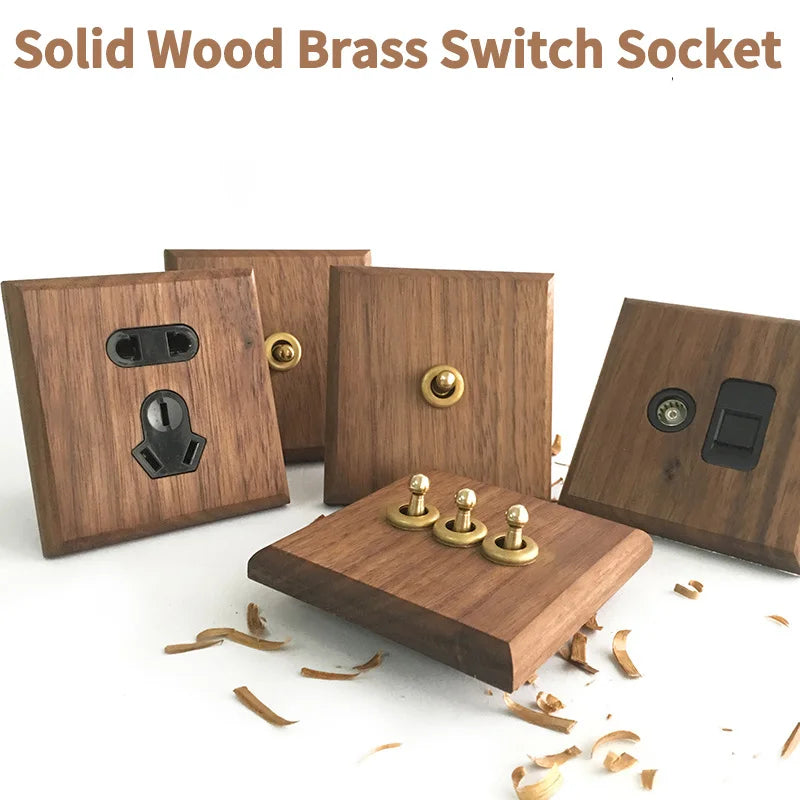 86x86mm Solid Wood Embedded Power Outlet - Childproof EU/RU/FR Socket, Fireproof Vintage Panel for Industrial & Villa Use