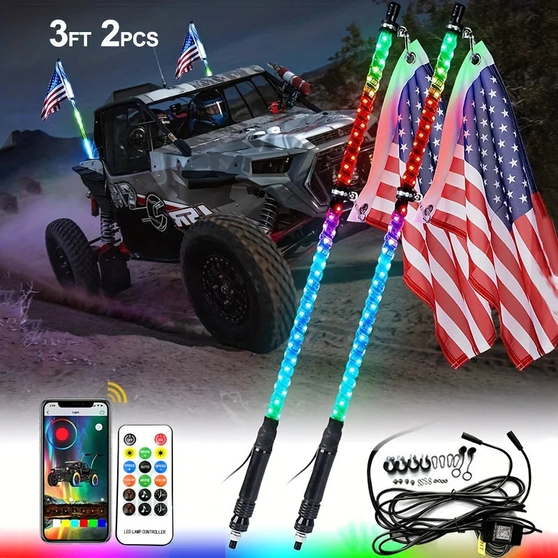 3FT Spiral Whip Lights Remote Control Turn Signal Brake Function Dream-Color Dancing For UTV RZR Can-Am SxS Sand Dune Buggy Truc