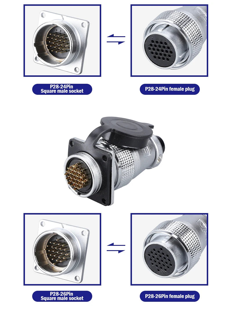 P28 Aviation Connector, Square Flange Socket, Male/Female Circular Butt Joint, 2/3/4/5/7/10/12/14/16/19/20/24 Pin, P28K2Q PLS28