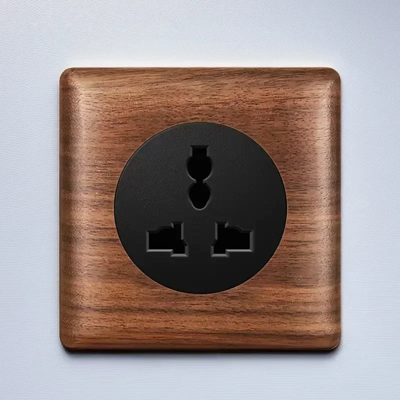 86x86mm Solid Wood Embedded Power Outlet - Childproof EU/RU/FR Socket, Fireproof Vintage Panel for Industrial & Villa Use