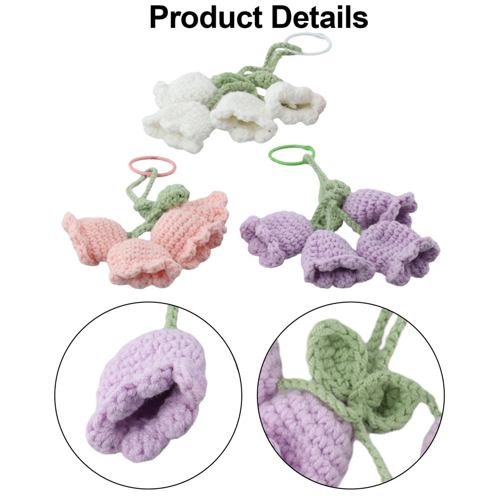  3PCS Cute Lily Of The Valley Car Rearview Mirror Pendant Hand-crocheted Car Bellflower Hand Knitted Hanging Pendant
