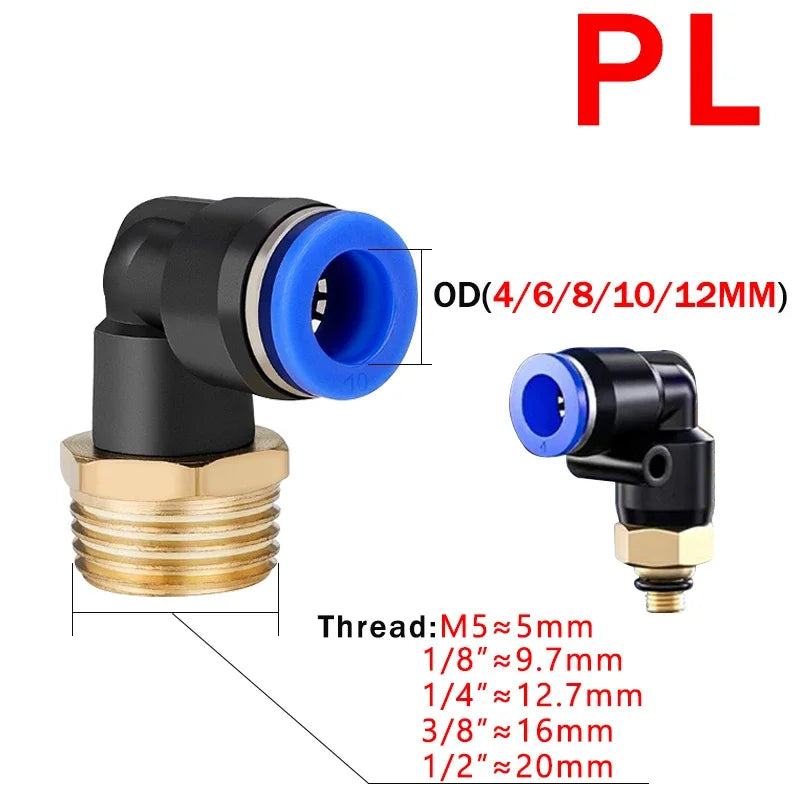 5PCS PL 4-12mm Pneumatic Elbow Quick Connector w/ 1/8"-1/2" Thread - PL Series Air Hose Fittings for Industrial PL6/8/10