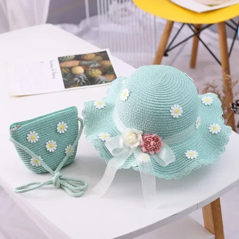 Girls' Straw Hat Bag Matching Travel Sun Hat Flower Children's Sun Hat Outdoor Fashion Fisherman Hat Sunscreen Hat Amagi