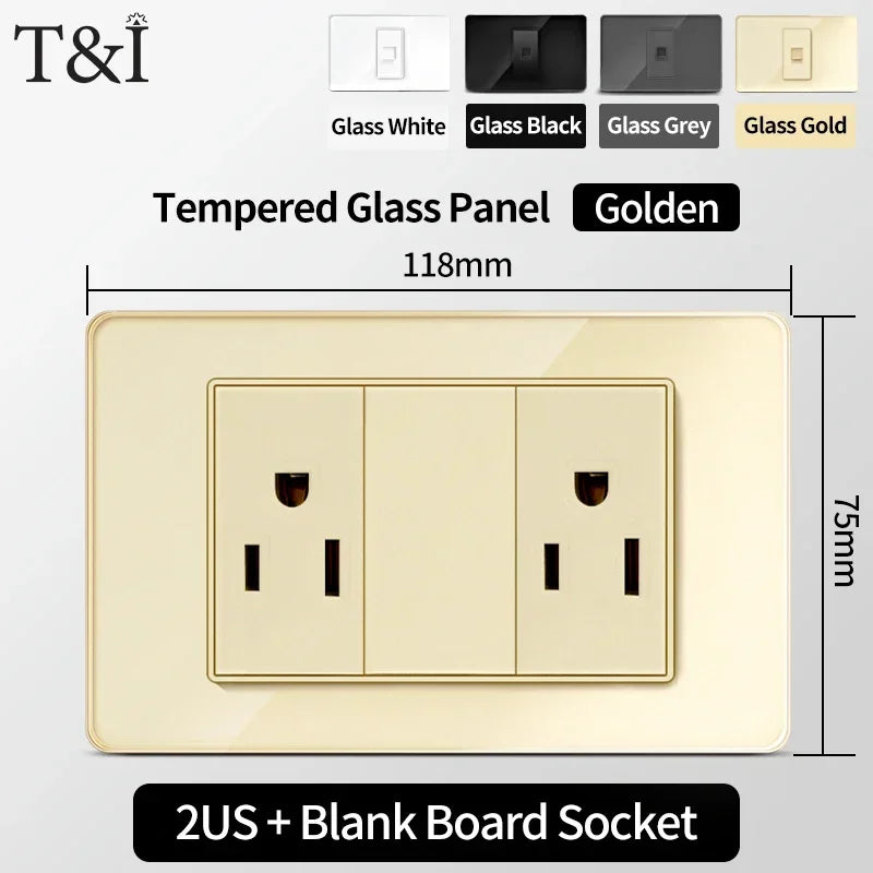 118 Series Glass Panel Wall Switch Socket, US Mexico Standard, USB and Type-C Charging Ports, 1/2/3/4 Gang Options