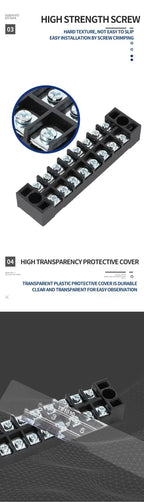 15A/25A/45A 600V Dual Row Barrier Terminal Block TB Series (3-12 Positions) Screw Connector for Electrical Panels TB1503 TB2512