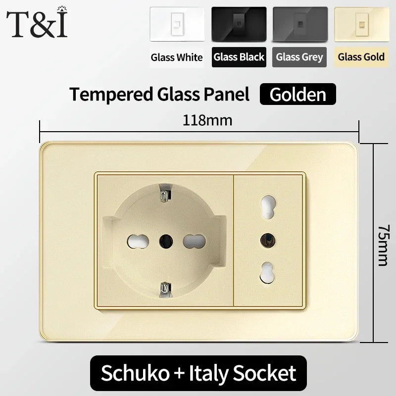 118-Style EU/CL Dual Socket with USB-C PD 20W - Tempered Glass Italy & Chile Outlet for Home/Office