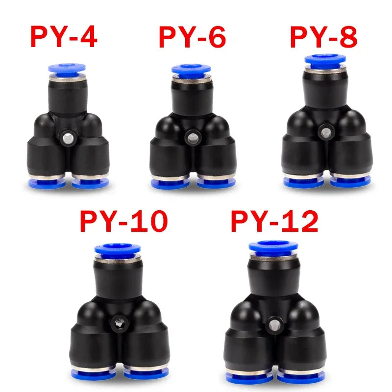 10pcs Y-Type Pneumatic Tee Fittings PY4-PY16 (4-16mm OD) - Push-In Quick Connect for Air/Water Hose, Blue Nylon & Brass