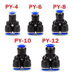 10pcs Y-Type Pneumatic Tee Fittings PY4-PY16 (4-16mm OD) - Push-In Quick Connect for Air/Water Hose, Blue Nylon & Brass