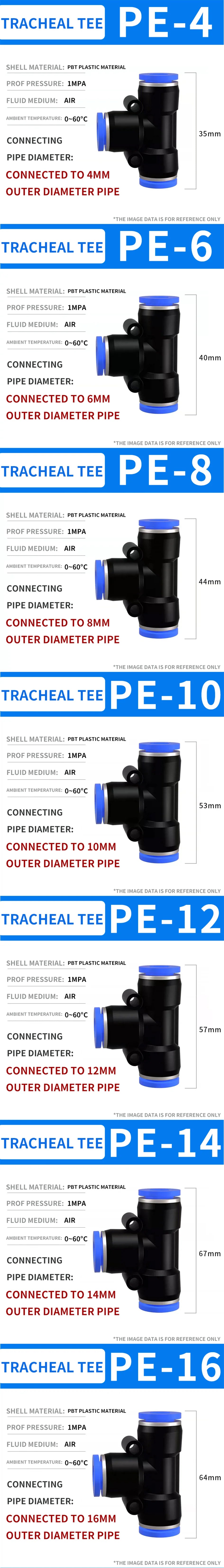 Pneumatic Push-In Quick Connector PE/PEG Plastic Tee Fittings (PE4 PEG6-4/8-4/8-6/10-6/8) for Air Compressor Fluid Systems Hose