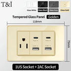 118 Series Glass Panel Wall Switch Socket, US Mexico Standard, USB and Type-C Charging Ports, 1/2/3/4 Gang Options