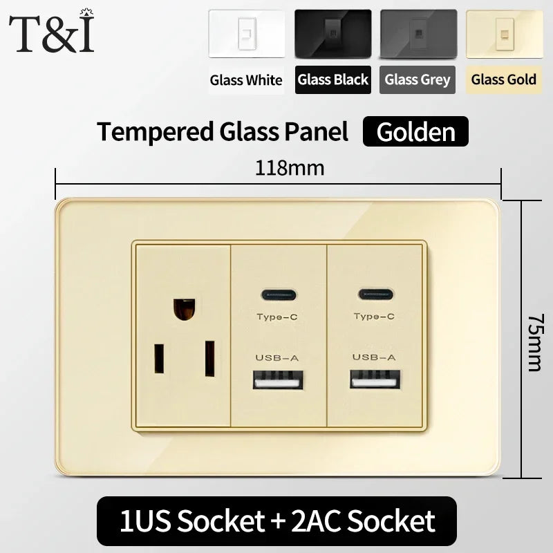 118 Series Glass Panel Wall Switch Socket, US Mexico Standard, USB and Type-C Charging Ports, 1/2/3/4 Gang Options