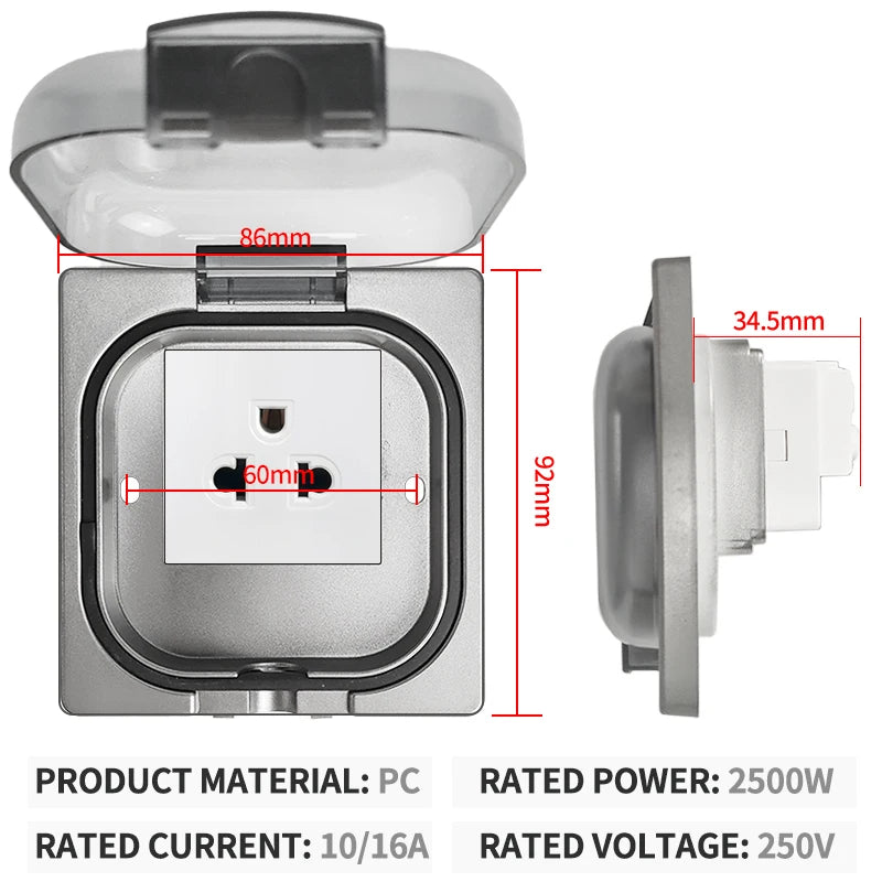 IP65 Waterproof Outdoor Socket- 16A High Power Wall Plate, 250V US/Thai Style 10A Receptacle, Bathroom & Weatherproof Electrical