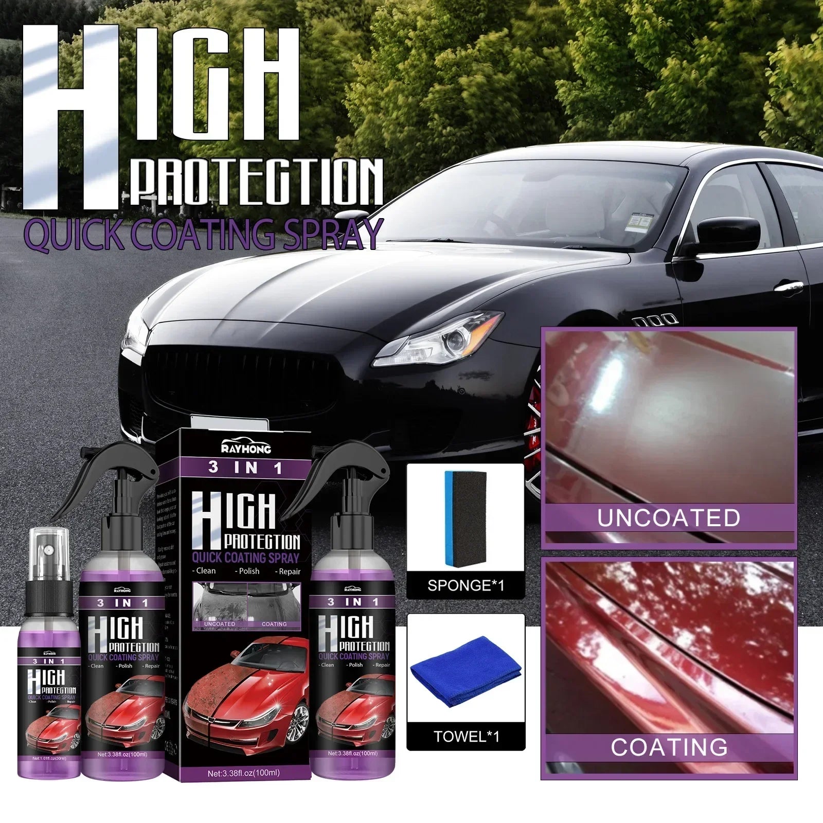 3 In 1 Quick Coating Spray High Protection Shine Armor Ceramic Car Wash Shield Coating Cleaning Nano Polishing Paint Wax Amagi