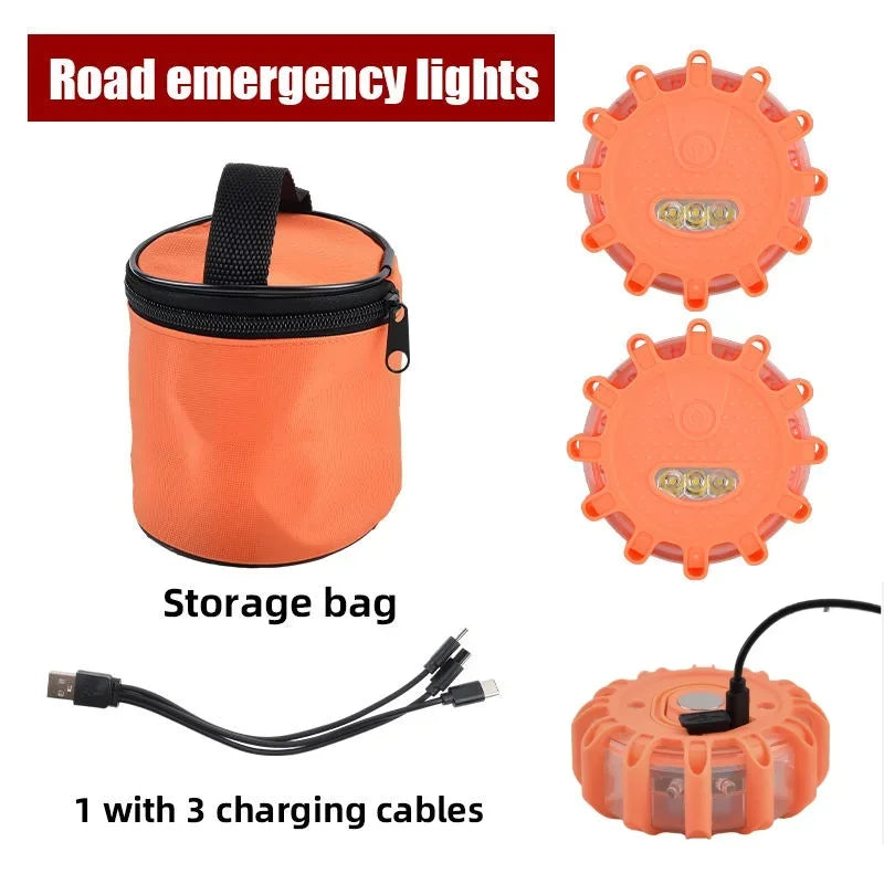 3 Pack LED Road Flares Emergency Warning Lights USB Rechargeable Magnetic Flashing Base Safety Disc for Roadside Assistance Amag