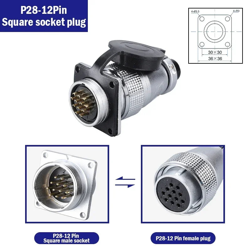 P28 Aviation Connector, Square Flange Socket, Male/Female Circular Butt Joint, 2/3/4/5/7/10/12/14/16/19/20/24 Pin, P28K2Q PLS28